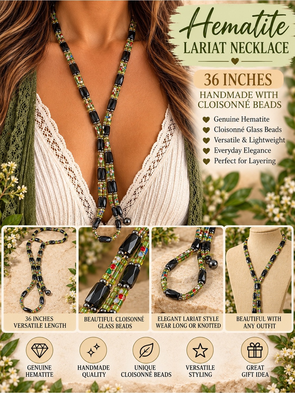 36 inch hematite magnetic lariat in green